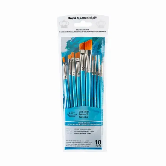 10-Piece Gold Taklon Brush Set – Angular & Round Synthetic Brushes 1
