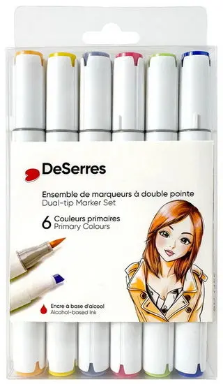 6-Piece Alcohol-Based Dual-Tip Marker Set – Primary Colors 1