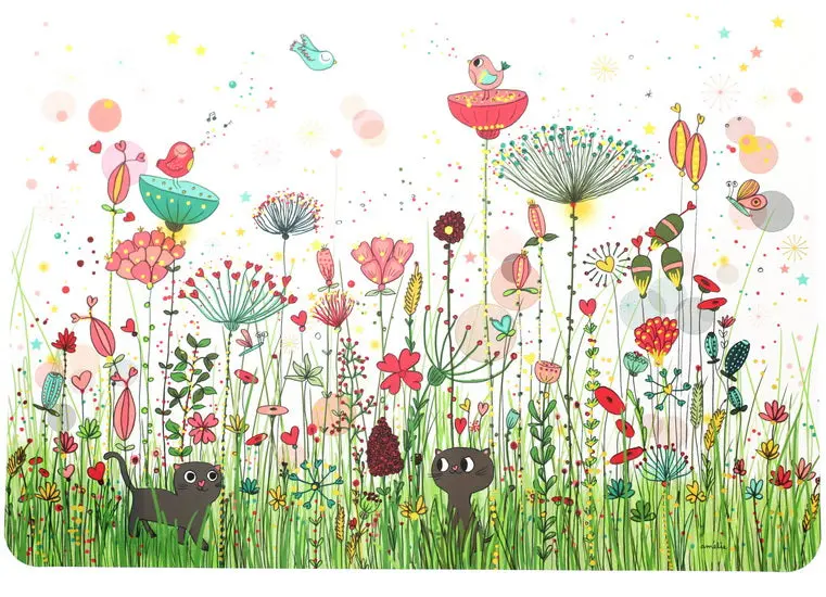 Floral Field & Cats Table Mat – Decorative Napkin Design With Whimsical Illustration 1
