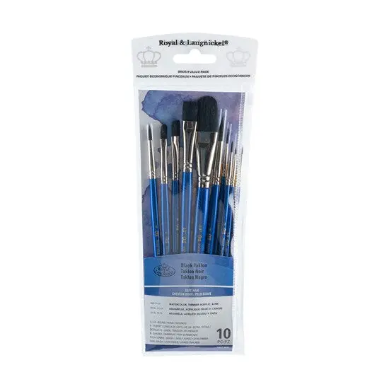Set Of 10 Taklon Black Brush Set: Round & Wash Styles 1