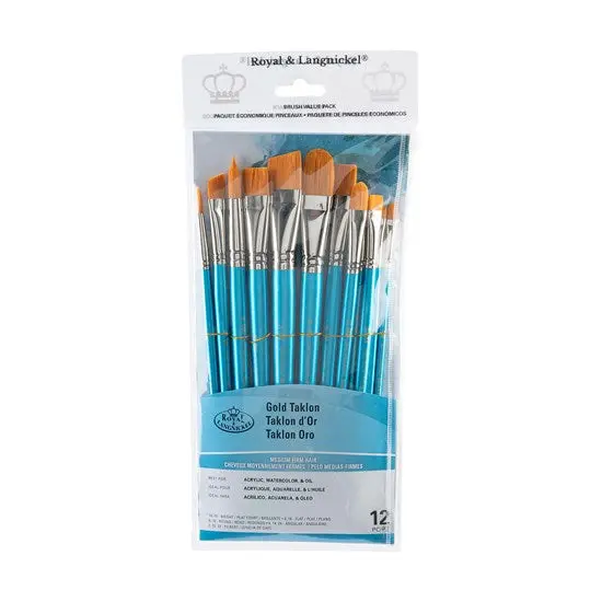 Set Of 12 Gold Taklon Bright & Angular Brushes – Professional Synthetic Art Brushes 1