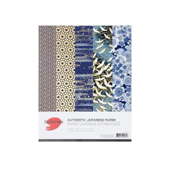 Set Of 5 Japanese Chiyogami Papers – Blue Pattern (8.5×11 In) 1