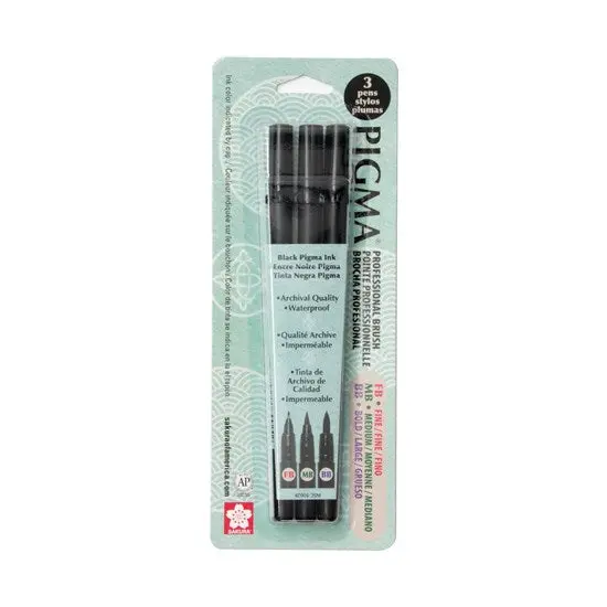Set Of Three Pigma Micron Brush Markers – Black, Assorted Tips 1