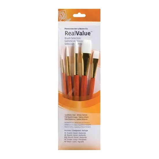 Taklon Synthetic Paintbrush Set – White Handles, 5-Piece Collection 1
