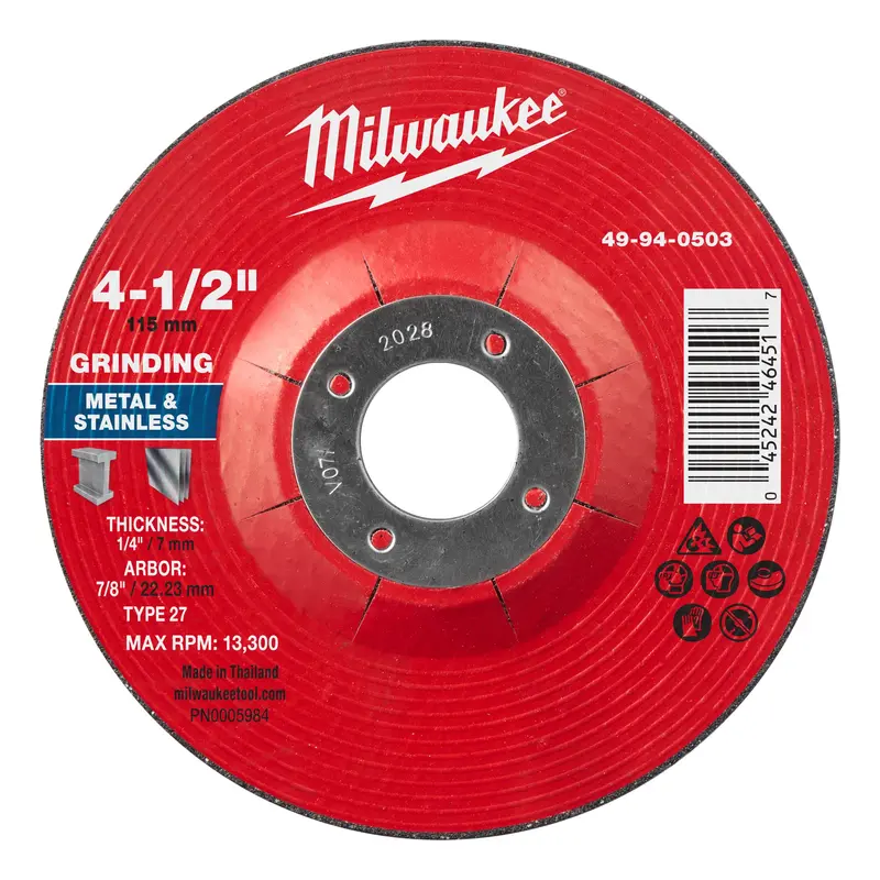 Milwaukee 4-1/2" Type 27 Metal Grinding Wheel – 1/4" Thickness, 7/8" Arbor 1