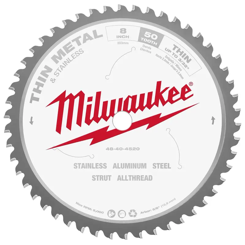 Milwaukee 48-40-4520 8" Metal & Stainless Steel Cut-Off Blade – 50 Tooth, 5/8" Arbor 1