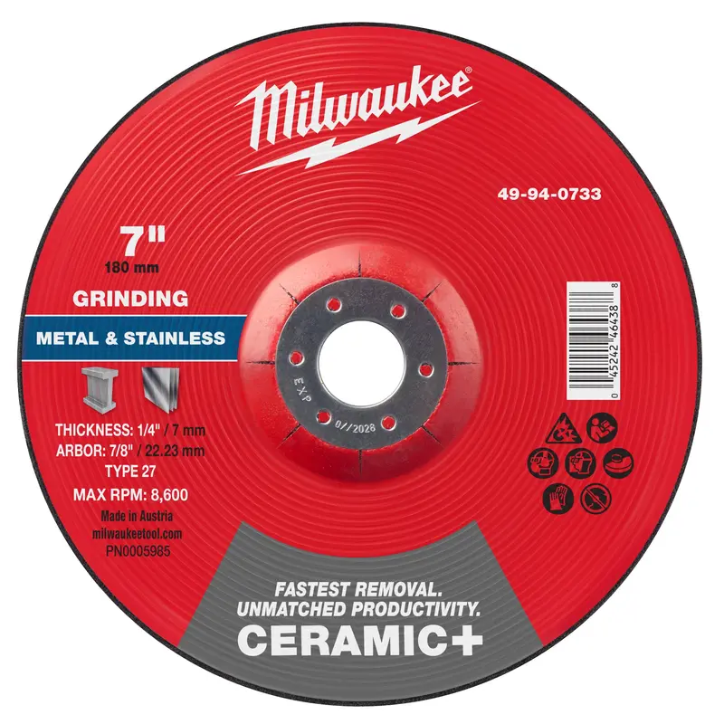 Milwaukee 49-94-0733 Type 27 Grinding Wheel – 7" Diameter × 1/4" Arbor × 7/8" Thickness, Ceramic-Metal Blend 1