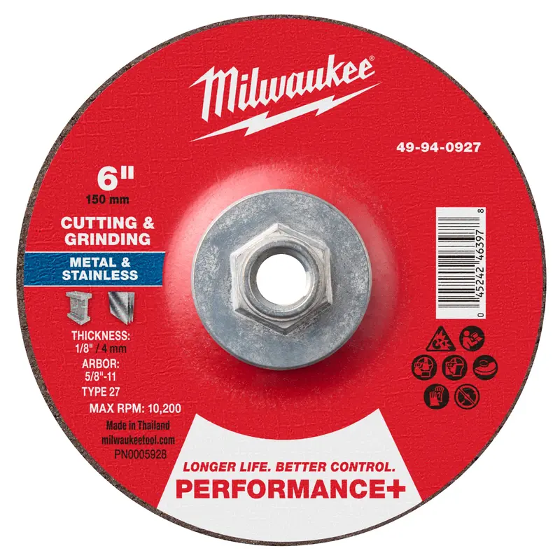 Milwaukee Performance+ Dual Metal Cut & Grind Wheel – 6" X 1/8" X 5/8"-11, Type 27 1