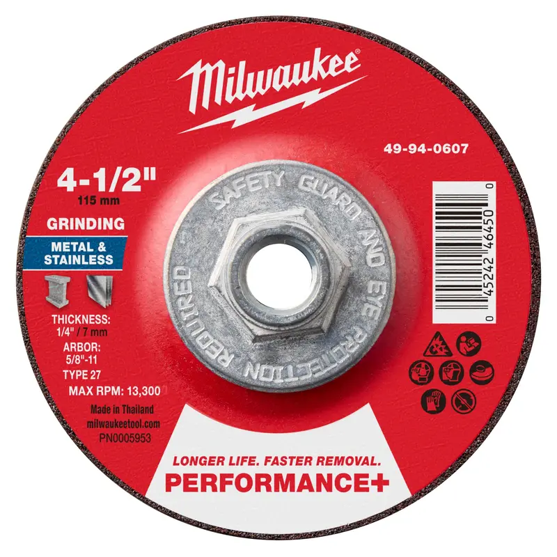 Milwaukee Performance+ Metal Grinding Wheel – 4-1/2" X 1/4" X 5/8"-11, Type 27 (49-94-0607) 1